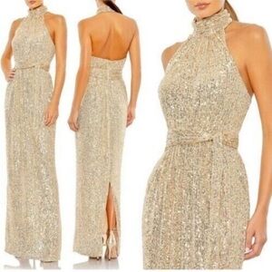 Ieena x Mac Duggal Champagne Sequined Halter Neck Belted Dress size 12